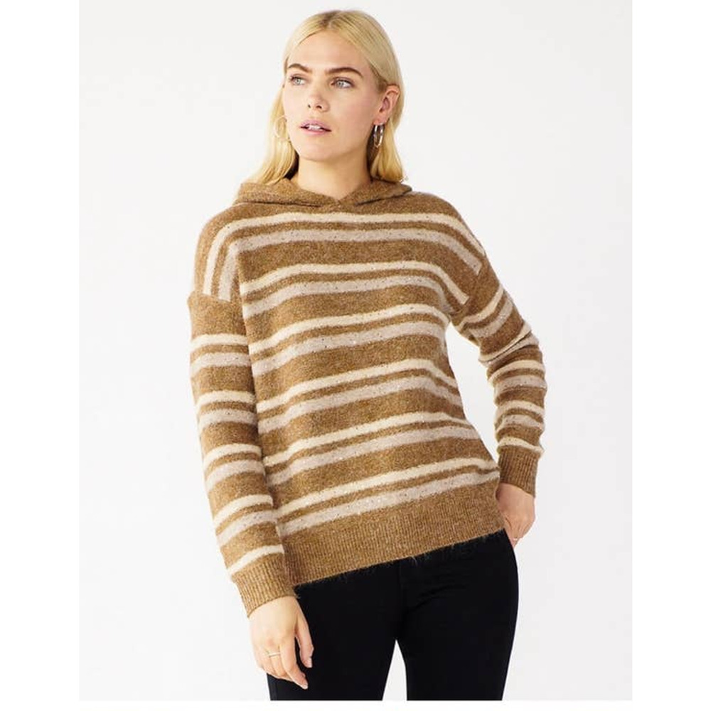New‎ Nine West Womans  XXL Sweater Stripes Pullover Hooded Brown Sequin NWT